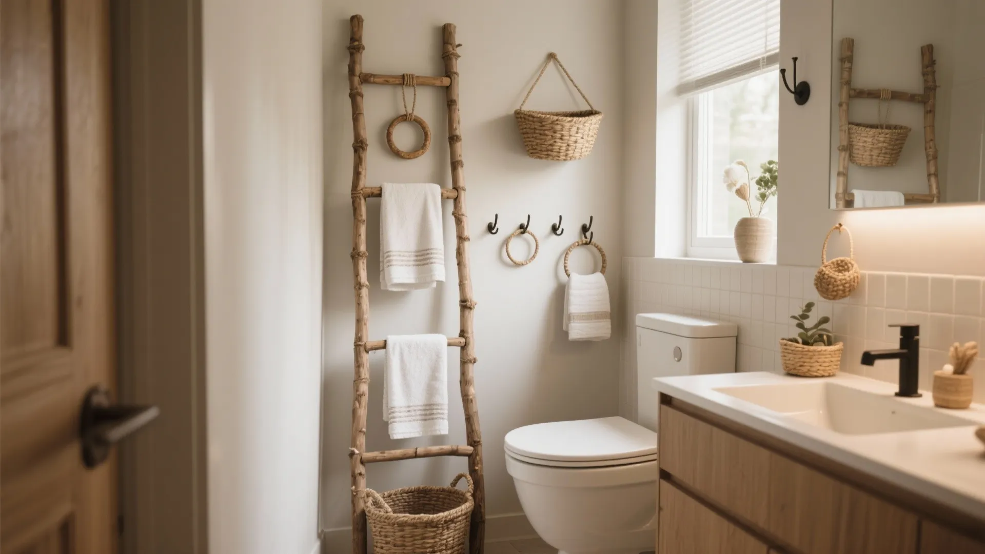 Small bathroom featuring a wooden ladder towel rack white toilet and woven baskets for storage