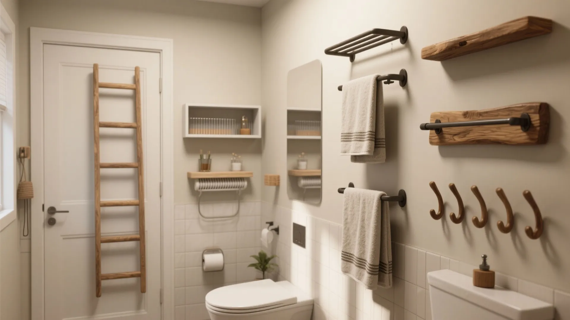 Small organized bathroom with wooden ladder rack plus wall shelves and metal towel hanging bars