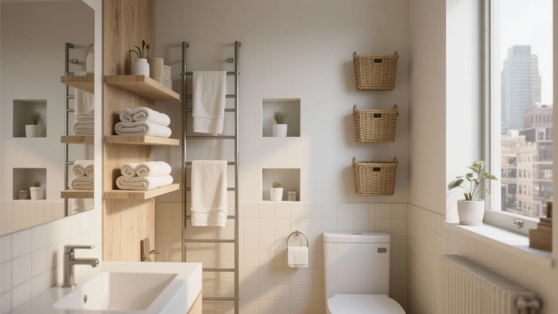 Bright bathroom interior with wall baskets and wooden shelves showing clever storage for white towels