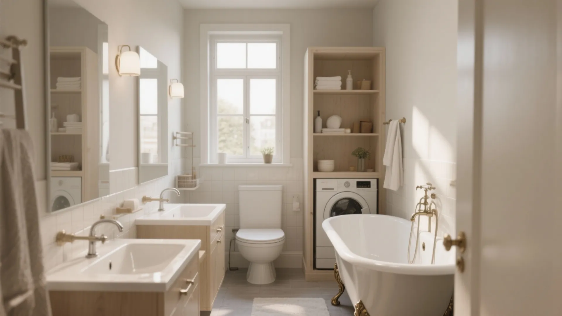 Traditional white bathroom with clawfoot tub double sinks wooden cabinets toilet and washing machine setup