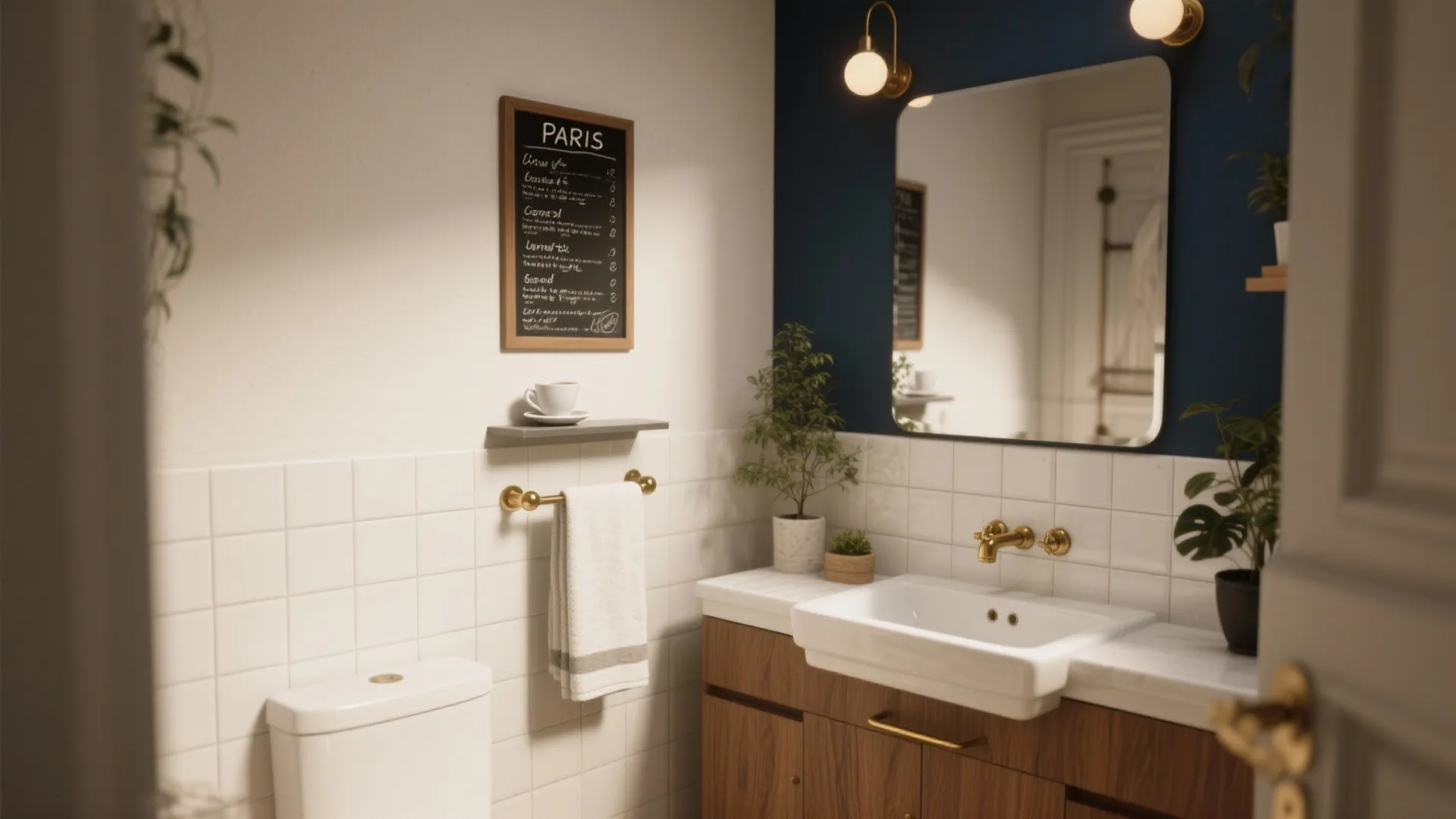 Modern bathroom with white wall tiles wooden cabinet white sink mirror and blue painted wall area
