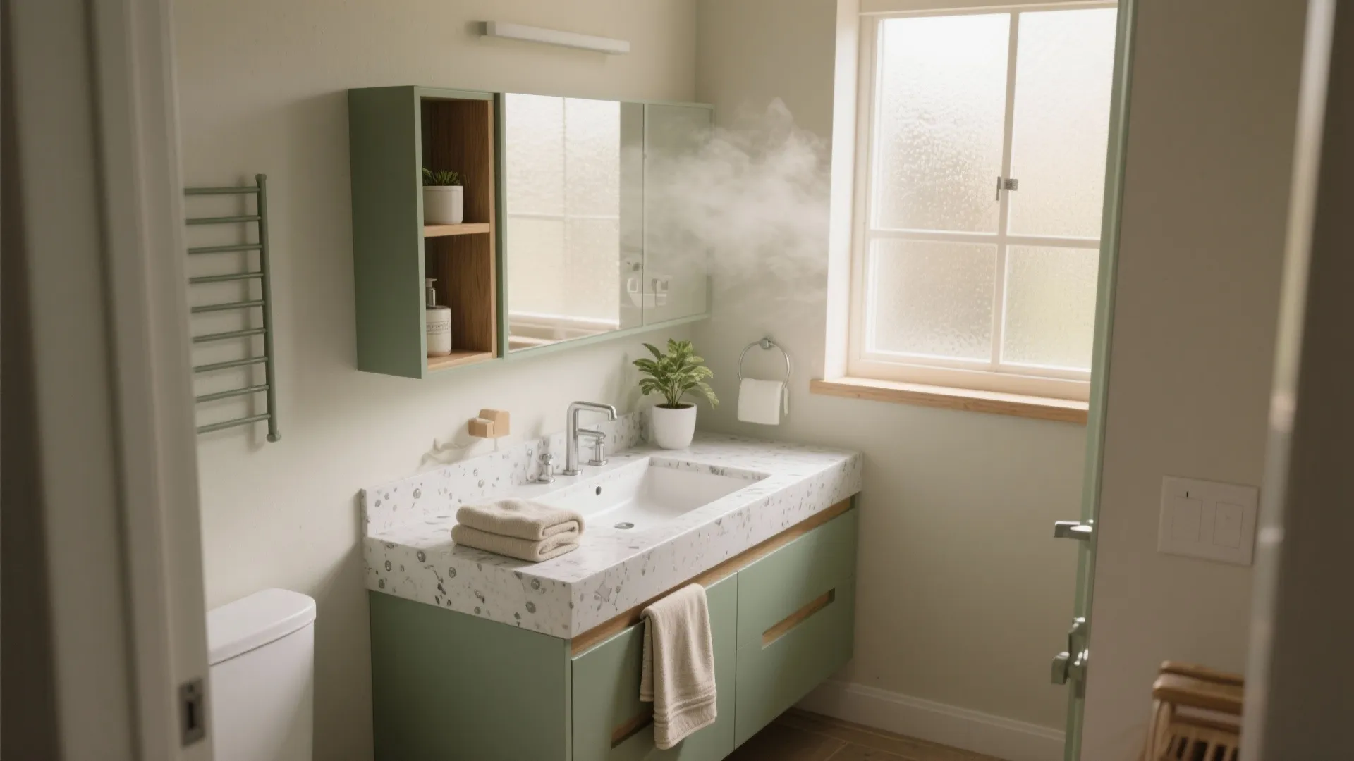 Green bathroom cabinet with white sink and marble top next to a bright frosted window