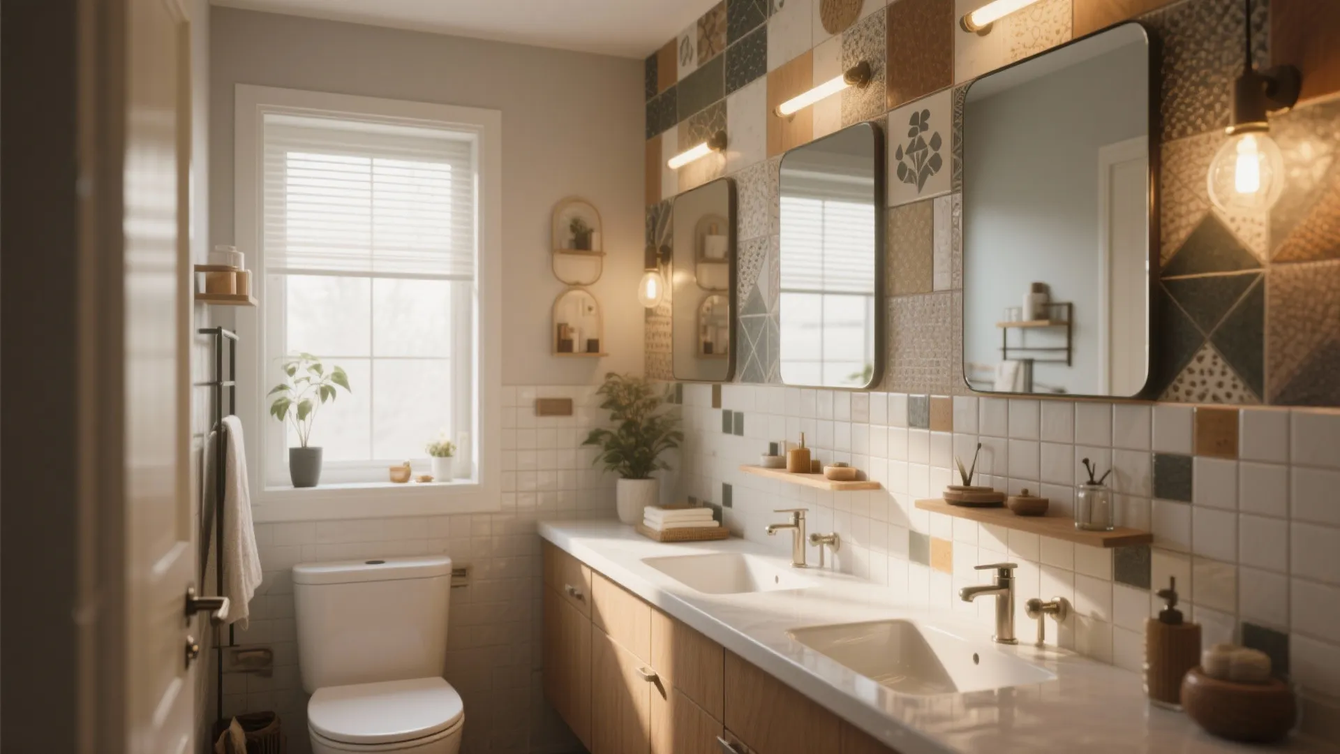 Bright bathroom with colorful patterned tiles double mirrors wooden cabinet white toilet and natural light