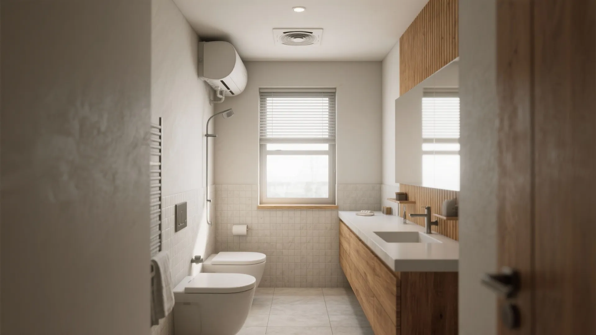 Modern bathroom with white toilet, wooden cabinet, large mirror, small window, and grey tiled floor