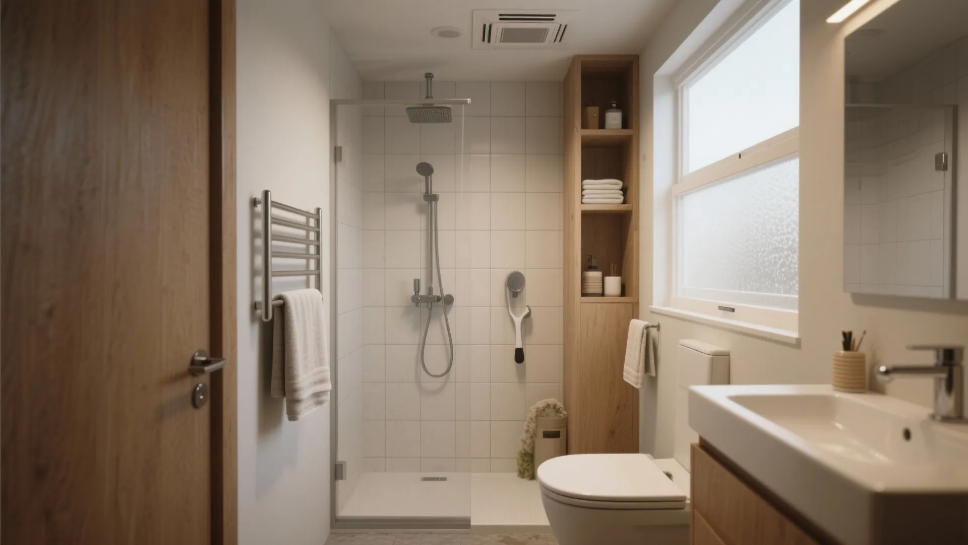 Modern small bathroom with white tiles wooden storage cabinet glass shower door and ceiling exhaust fan