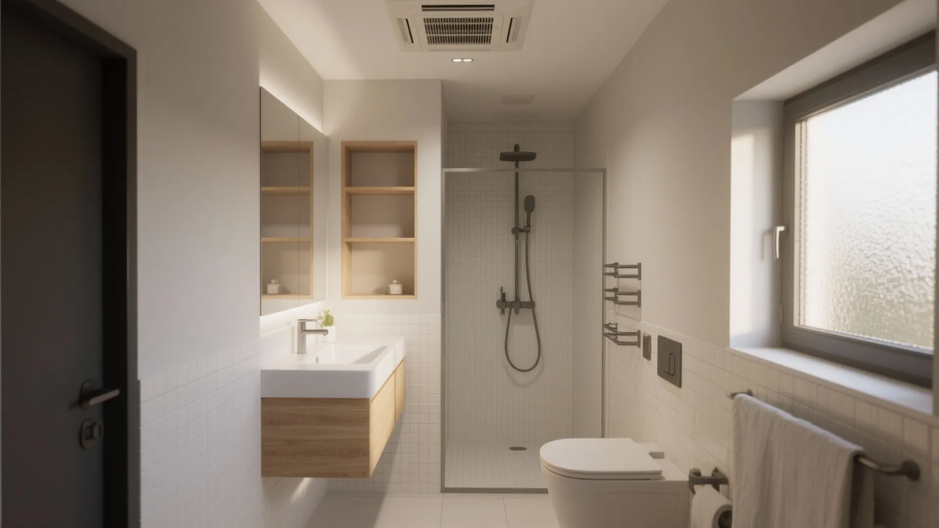 Modern bright bathroom with white sink, wood cabinet, walk-in shower, toilet, and ceiling air vent