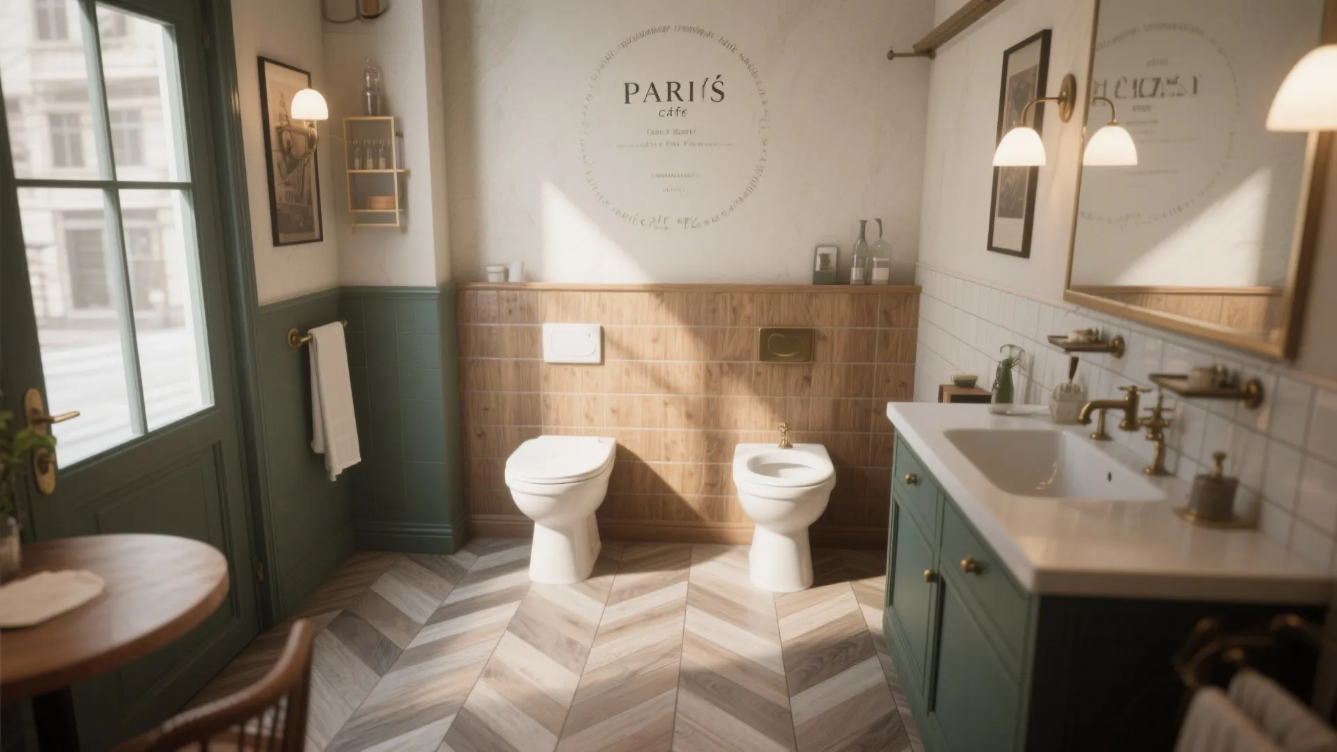 Vintage bathroom with green wall panel and wood floor and white sink and white toilet