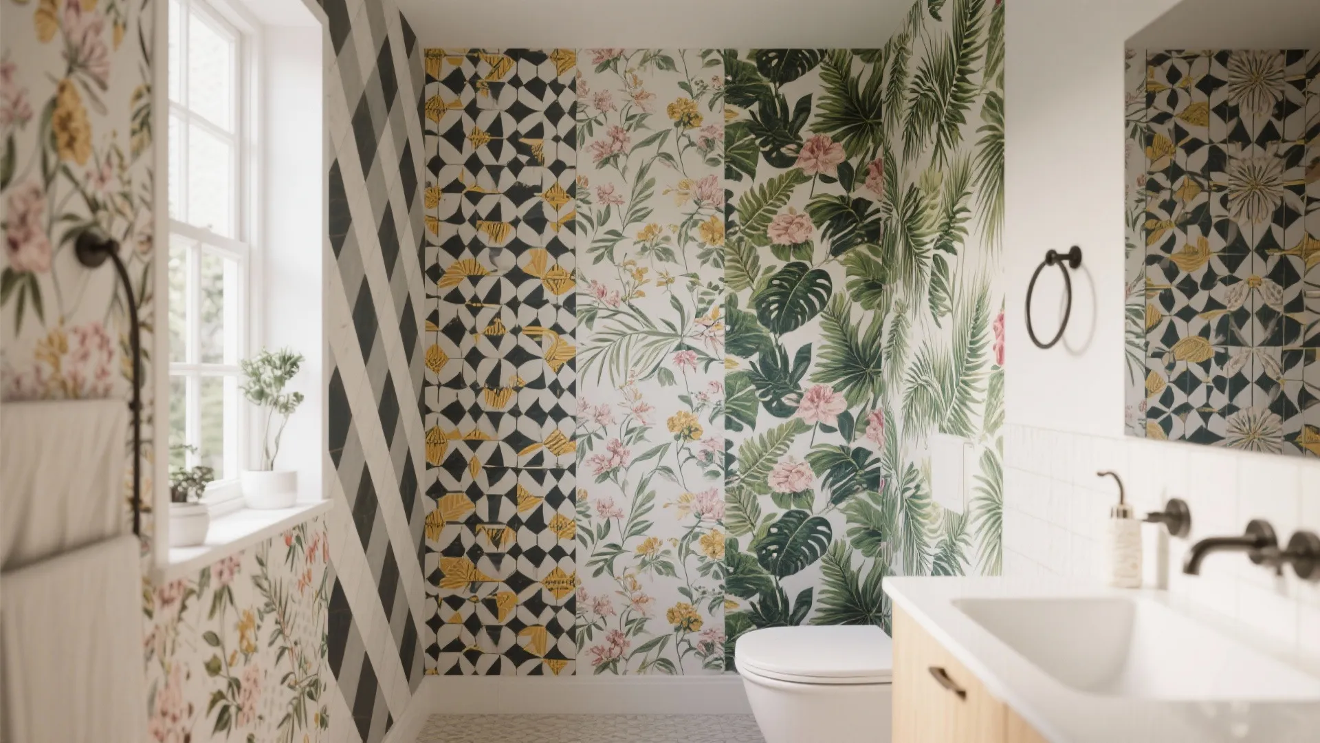 Bathroom with floral and geometric wallpaper, white toilet, wood cabinet, sink, and natural window light
