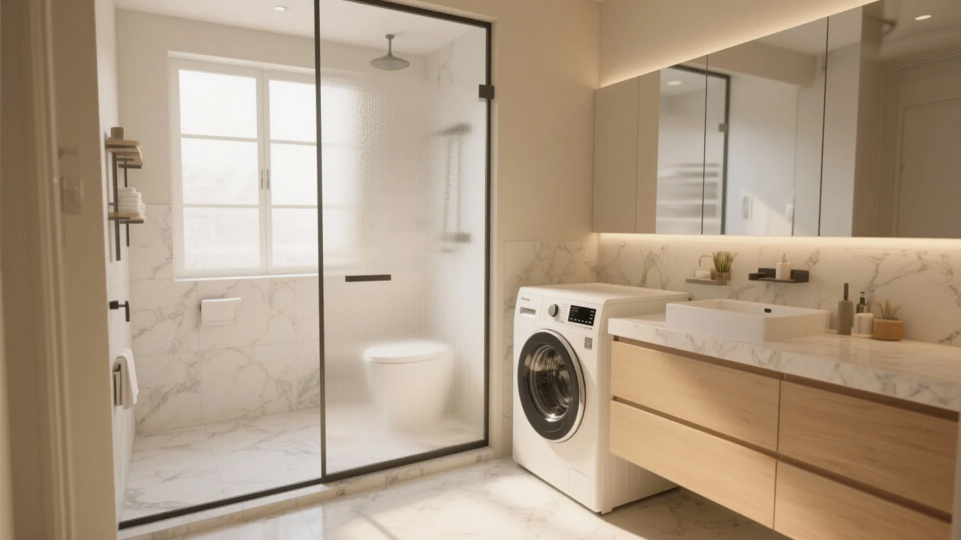 Modern bathroom with washing machine under marble counter next to a glass walk-in shower area