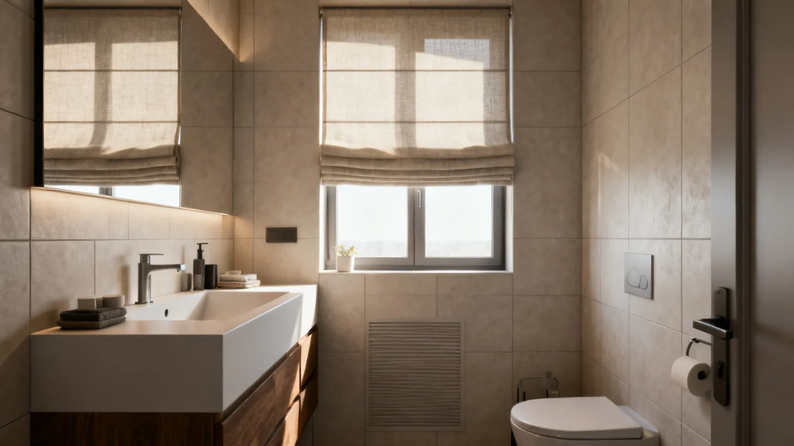 small bathroom window with modern roman shade providing privacy