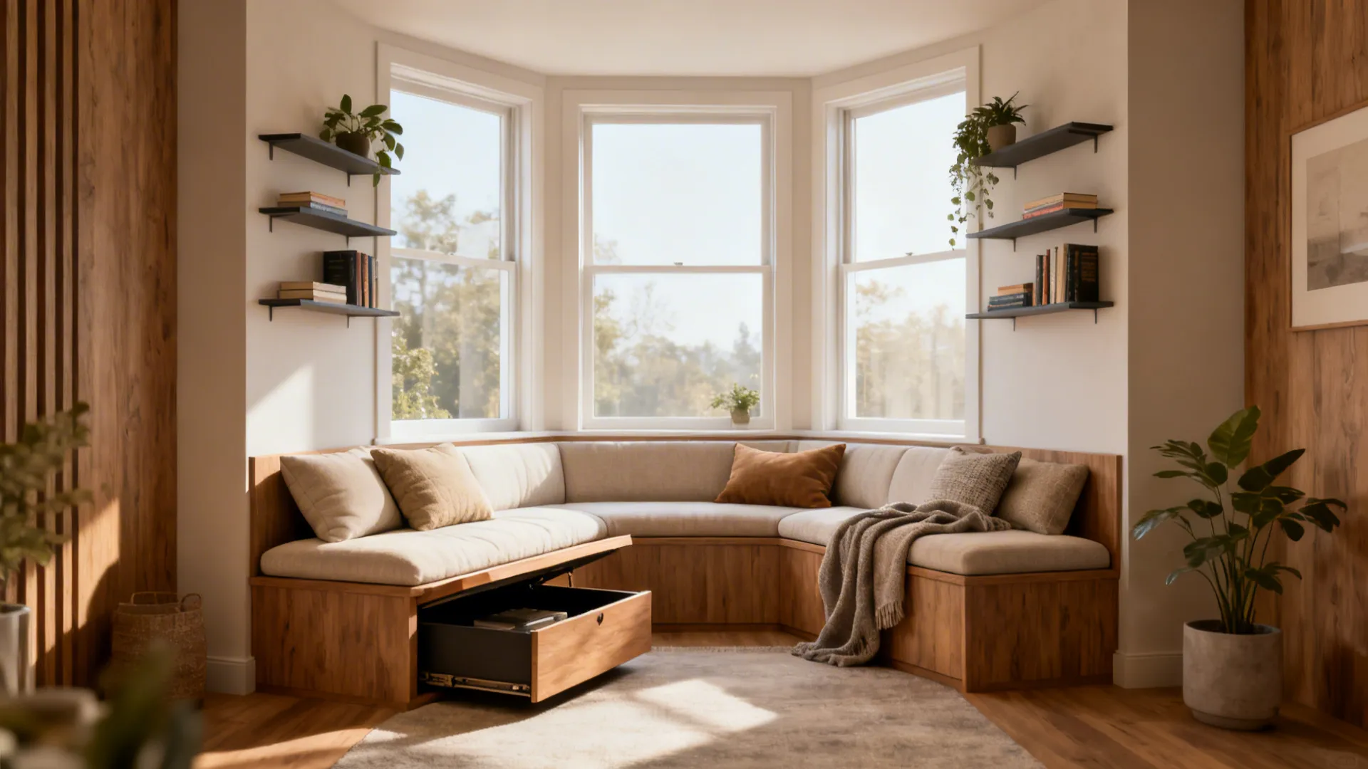 Cozy bay window seating with a wooden sectional sofa, storage drawer, pillows, and floating shelves.