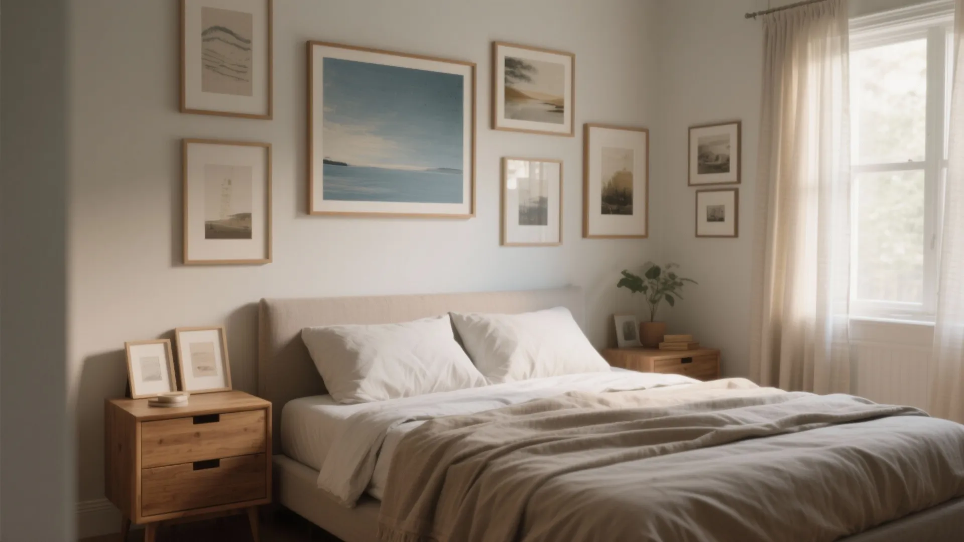 Bright bedroom featuring a gallery wall of framed pictures above a neutral bed with pillows