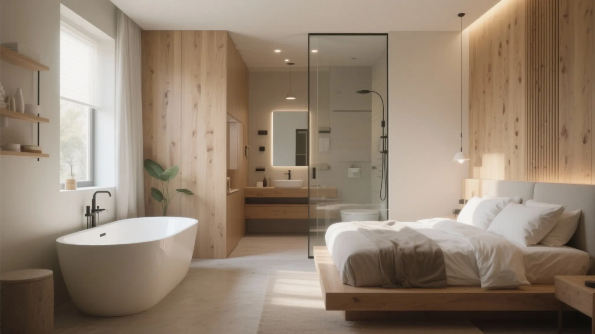 Modern master bedroom featuring integrated open bathroom with freestanding white bathtub and light wood wall panels