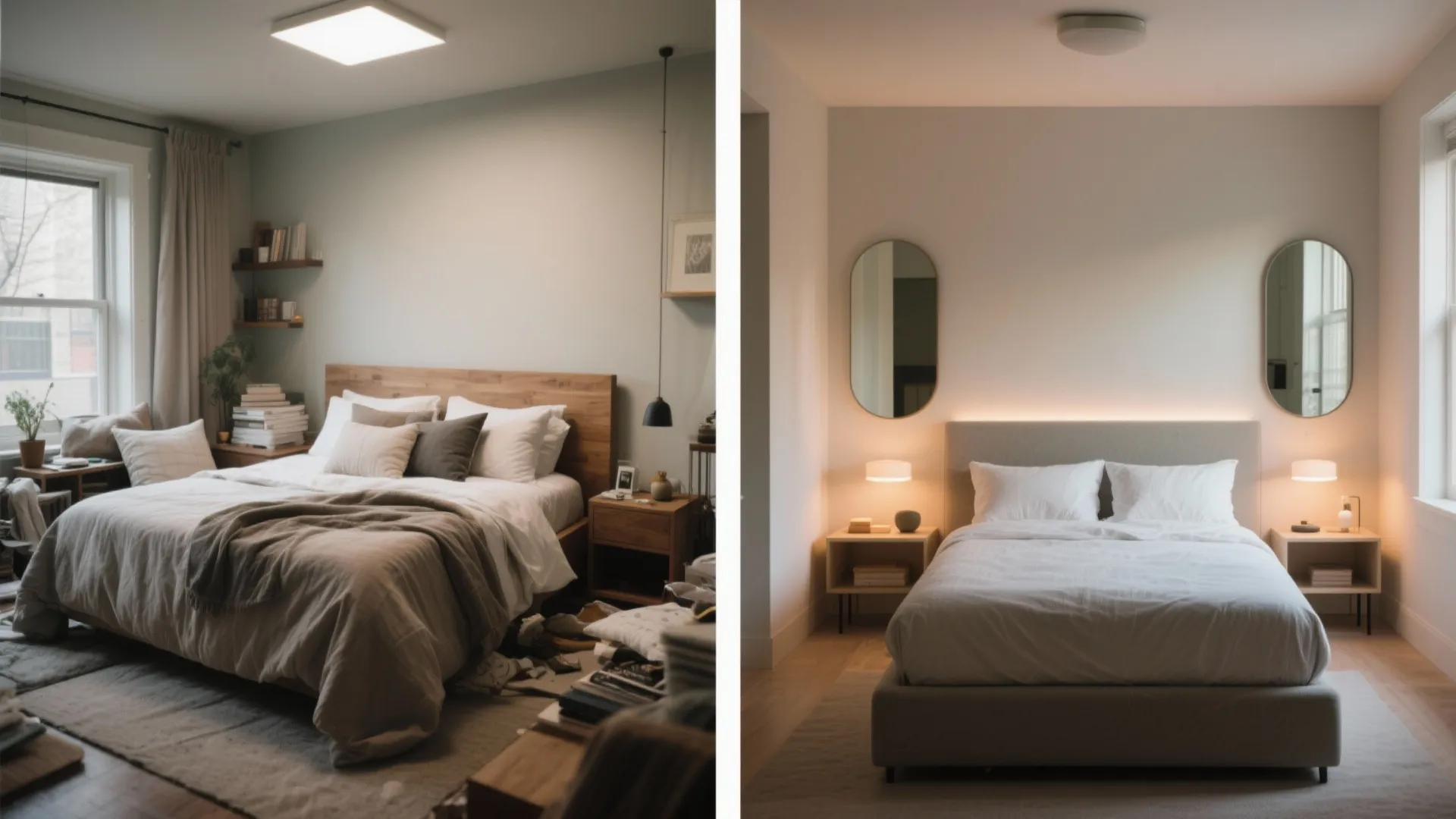 Before and after comparison of a cluttered bedroom versus a clean modern minimalist bedroom design