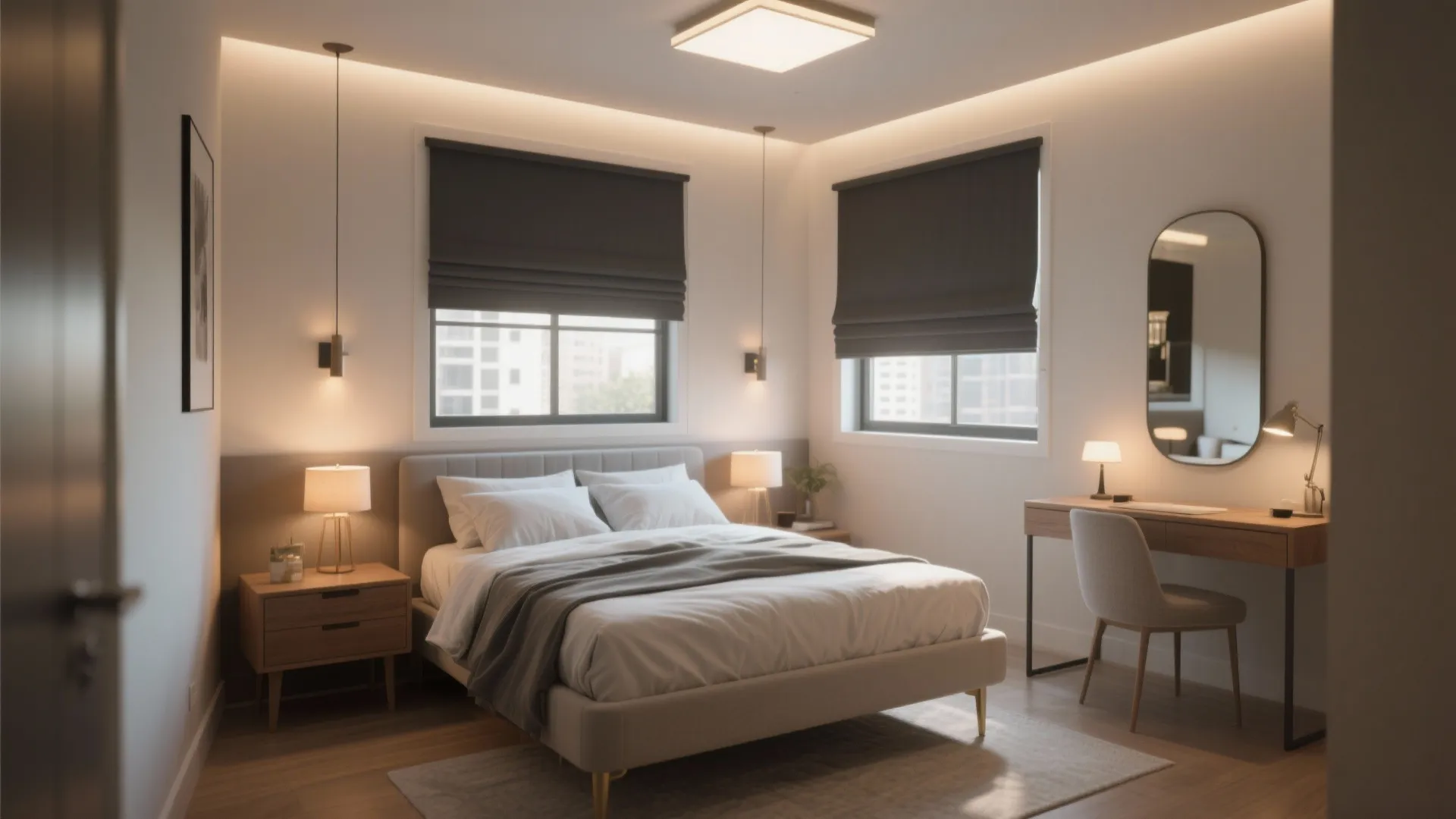 Modern bedroom with a white bed, grey curtains, wood desk, round mirror, and ceiling light