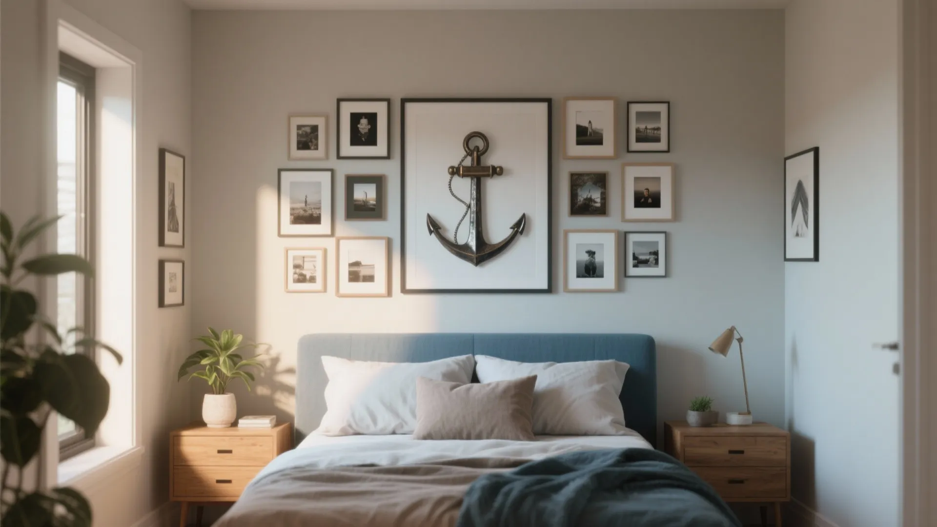 Modern bedroom featuring a blue bed and a gallery wall with an anchor wall art
