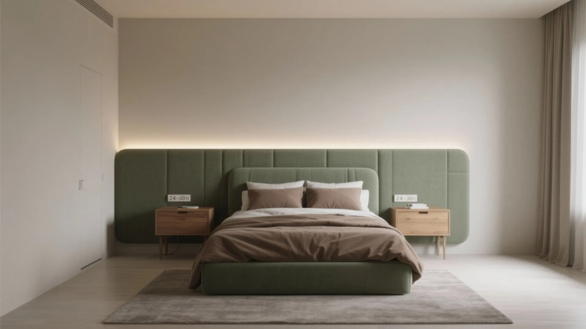 Modern bedroom featuring a green wall panel headboard with brown bedding and wooden side tables
