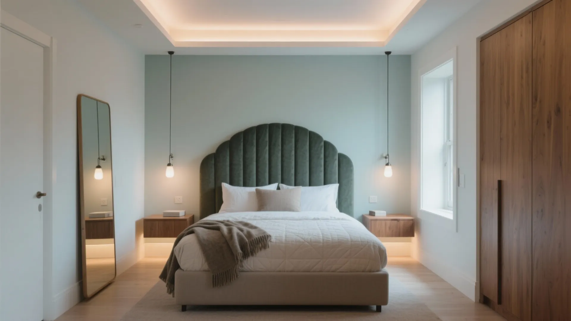 Modern bedroom with green headboard light green wall wooden closet floor mirror and ceiling light