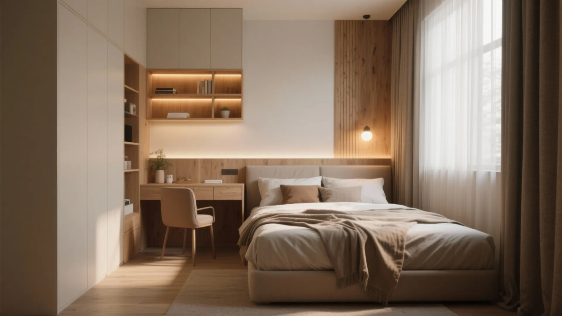Modern bedroom featuring a bed, wooden desk, built-in shelves, and a large window with curtains