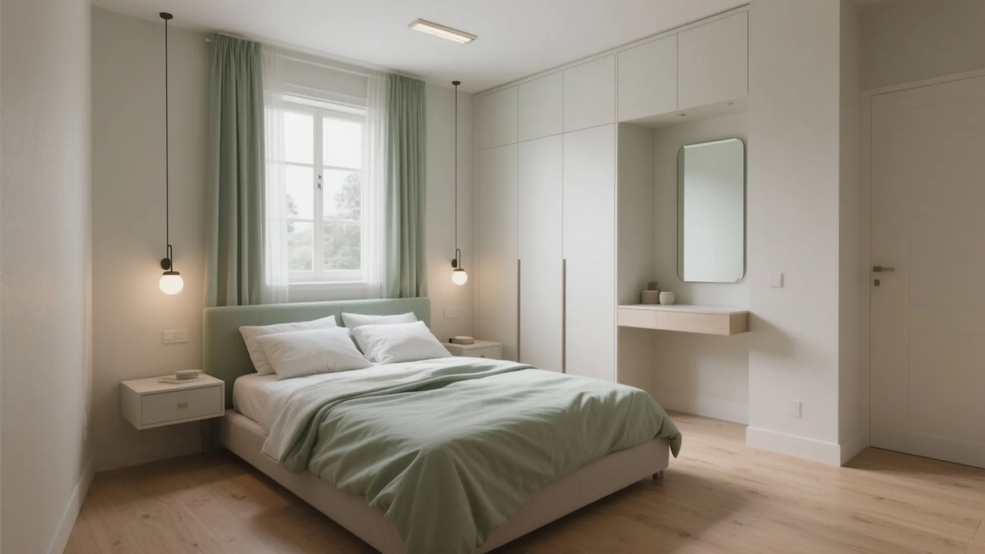 Clean bedroom interior featuring light green bedding, white cabinets, hanging lights, and a small desk