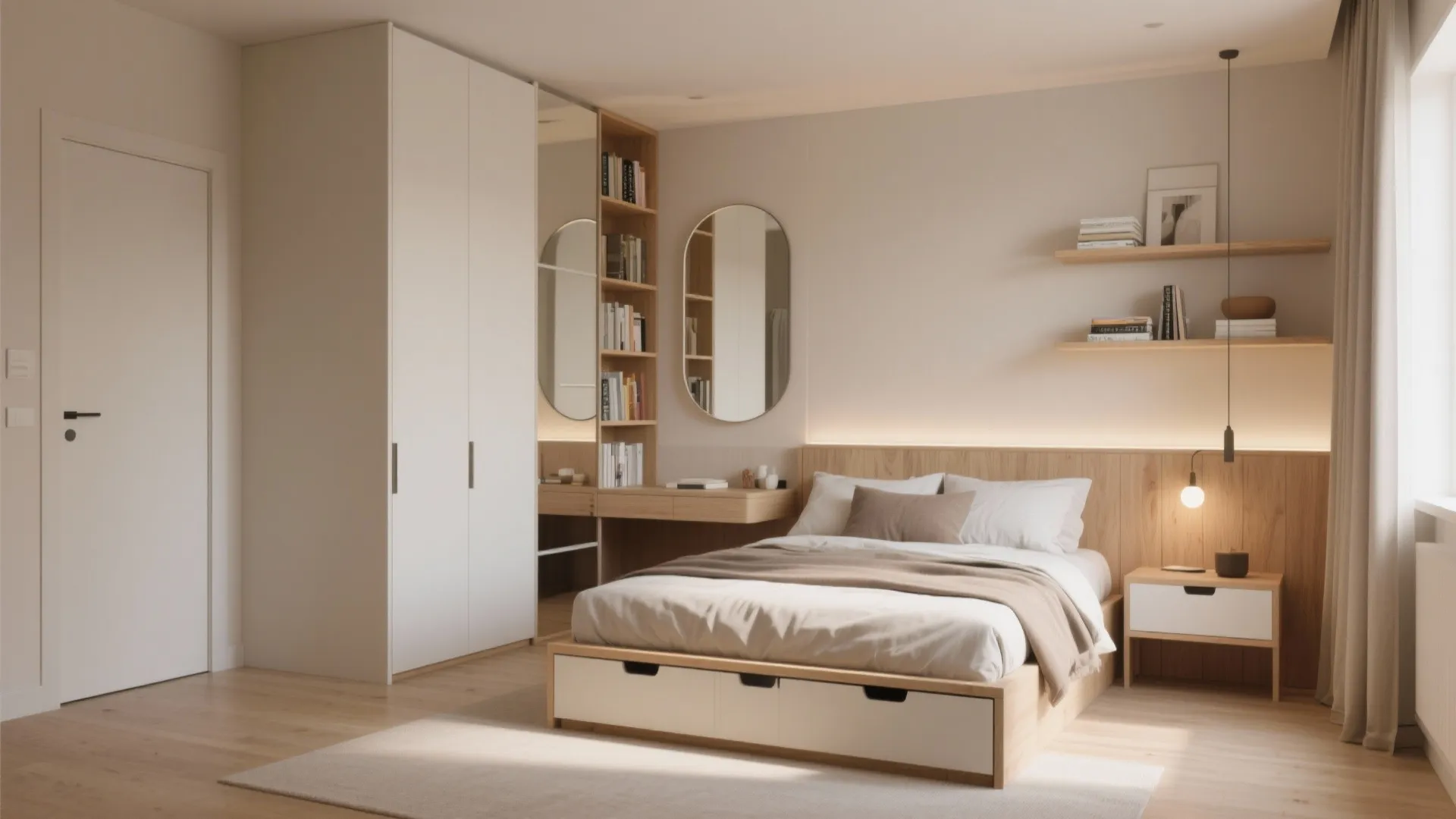 Modern bedroom with wooden bed frame white wardrobe desk with mirror shelves and warm lighting