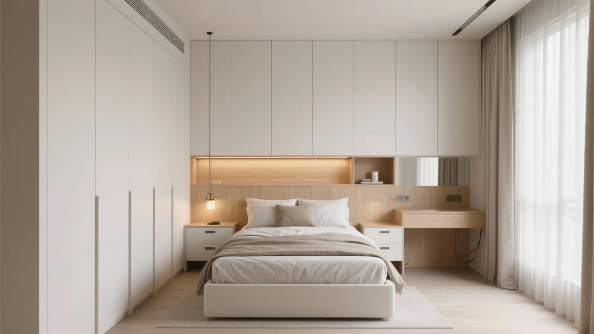 Minimalist white bedroom featuring wall cabinets integrated desk area and warm lighting for small spaces
