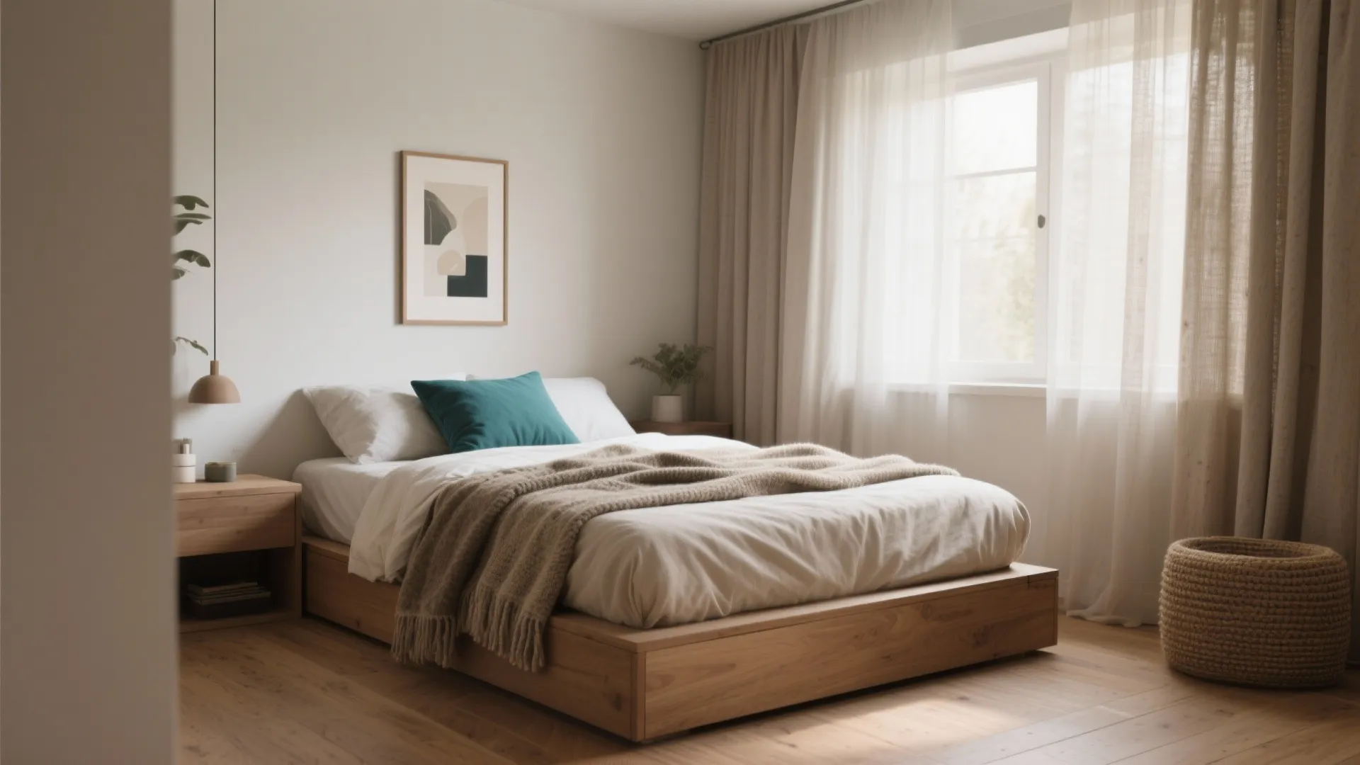 Minimalist bedroom with a wooden bed frame white bedding brown curtains and a woven storage basket