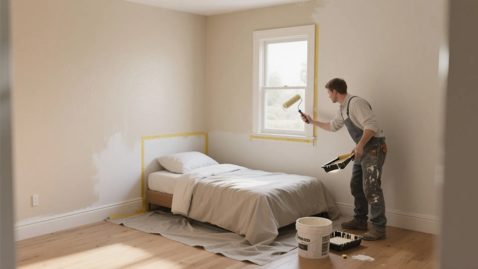 Man using paint roller to refresh walls in small bedroom with wooden floor and window