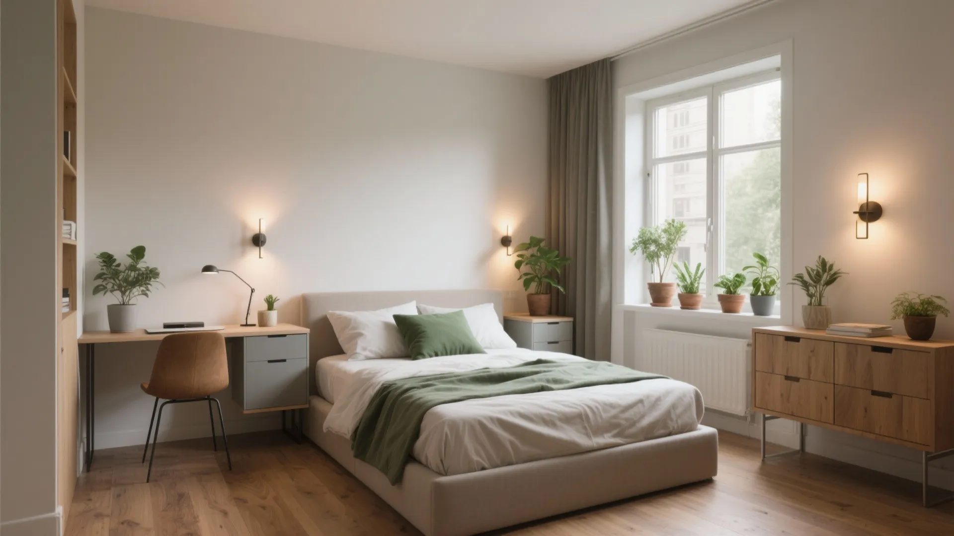 Modern bedroom featuring a wooden desk chair bed with green blanket and several potted plants