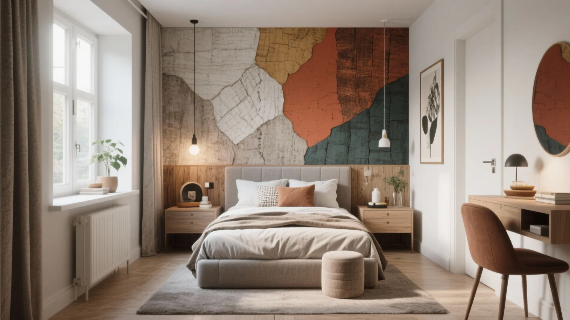 Cozy bedroom with colorful wall art, wooden desk, brown chair, soft rug, and natural light
