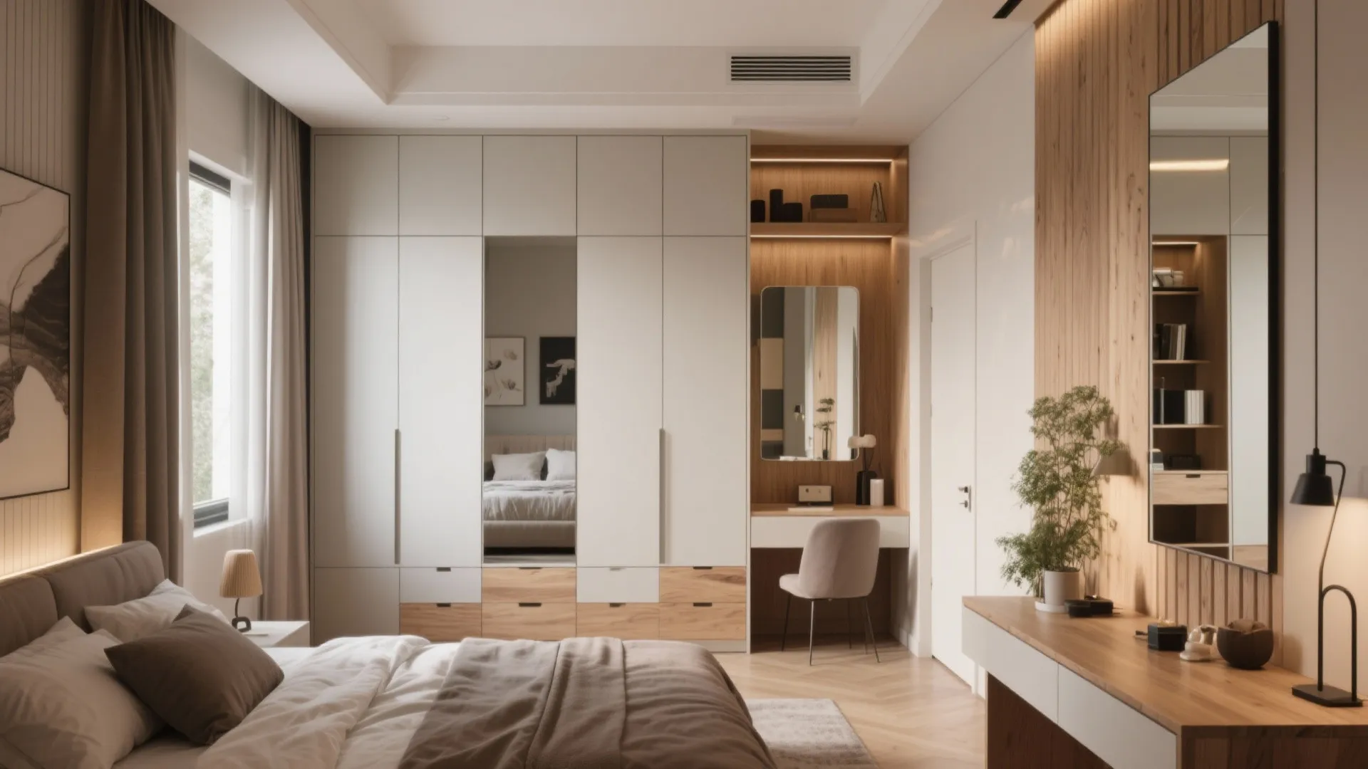 Modern bedroom cabinet with mirror doors wooden wall panel vanity desk chair and cozy bed