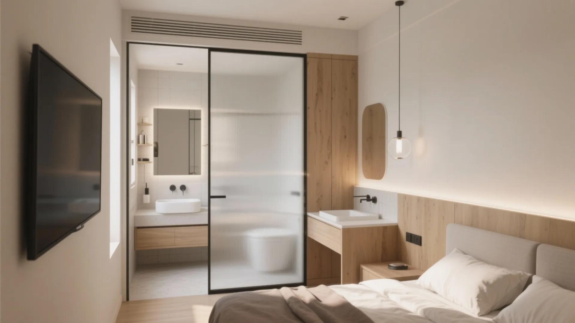 Minimalist bedroom layout with wood cabinet sink area and frosted glass door leading to bathroom