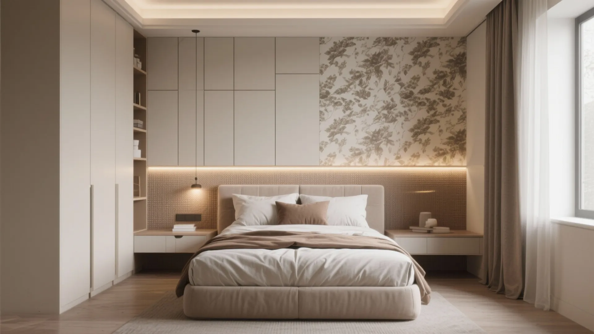 Minimalist bedroom interior design with white cabinets floral wallpaper wooden floor and natural window light