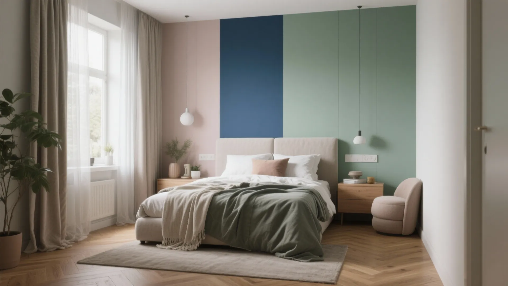 Modern bedroom with pink blue green wall panels beige bed and round white hanging lights