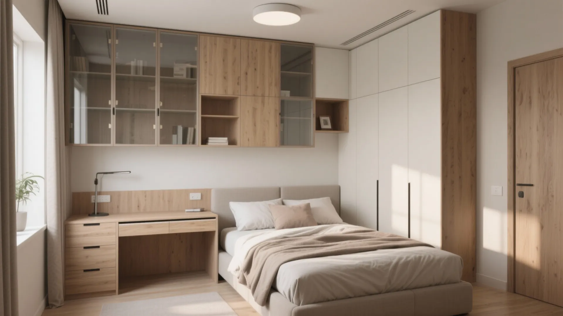 Modern bedroom with wooden desk, built in wall cabinets, beige bed, and white large wardrobe