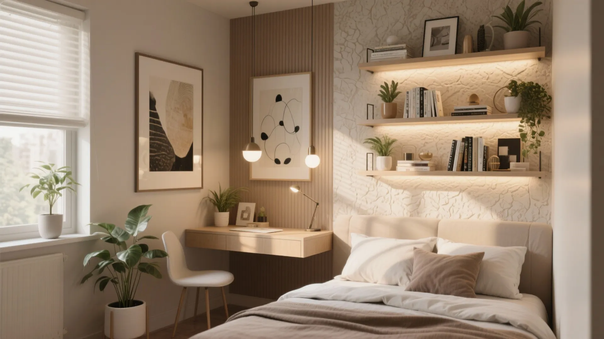 Small bedroom featuring wooden desk, white chair, bed, wall shelves, and warm hanging ceiling light.