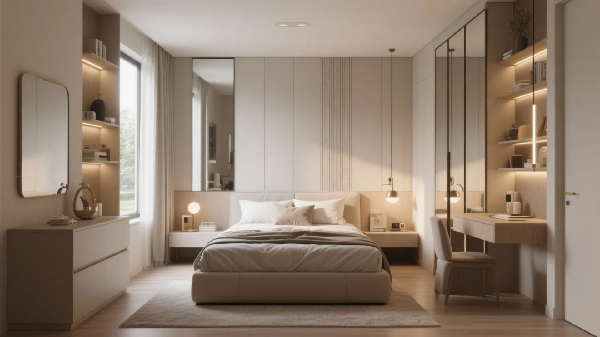 Modern warm bedroom interior design drawing with large bed desk light fixture and wood flooring