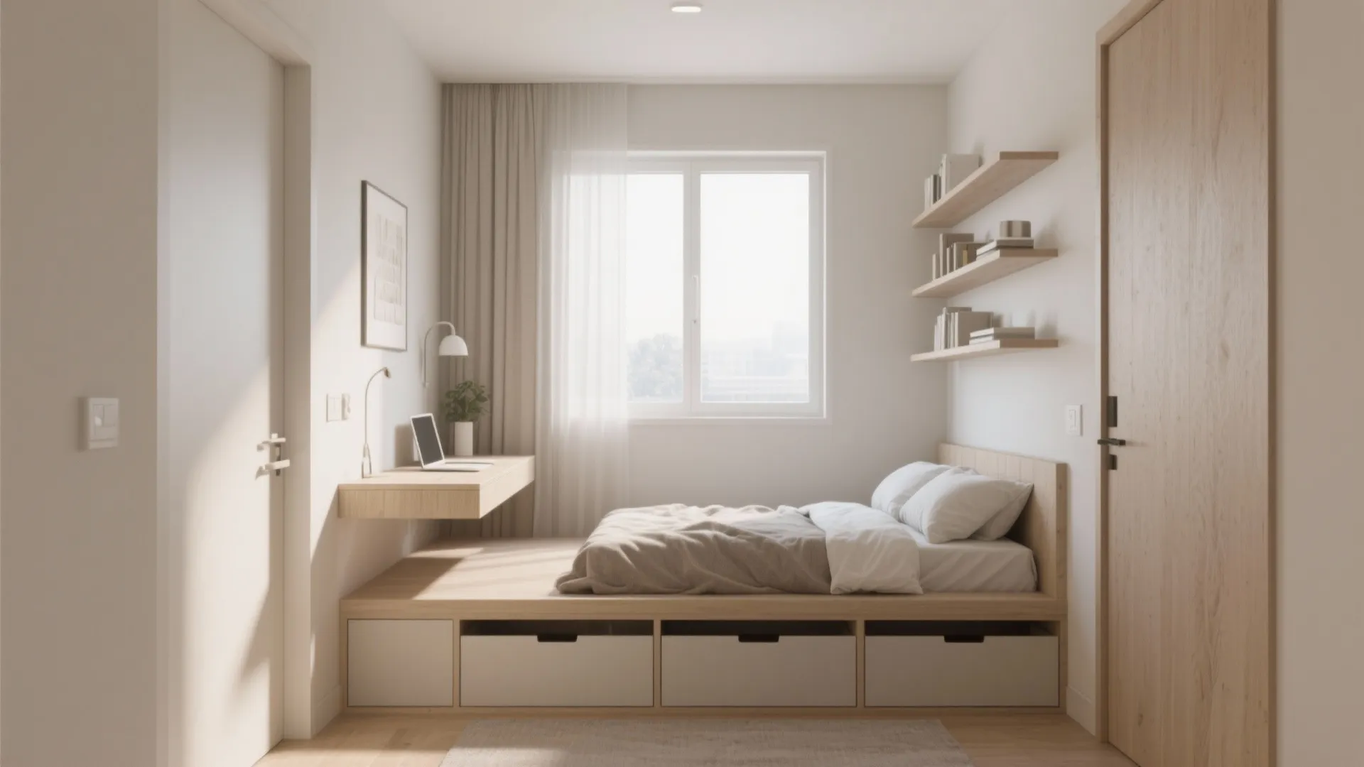 Small modern bedroom featuring a wood platform bed with storage drawers and a floating desk