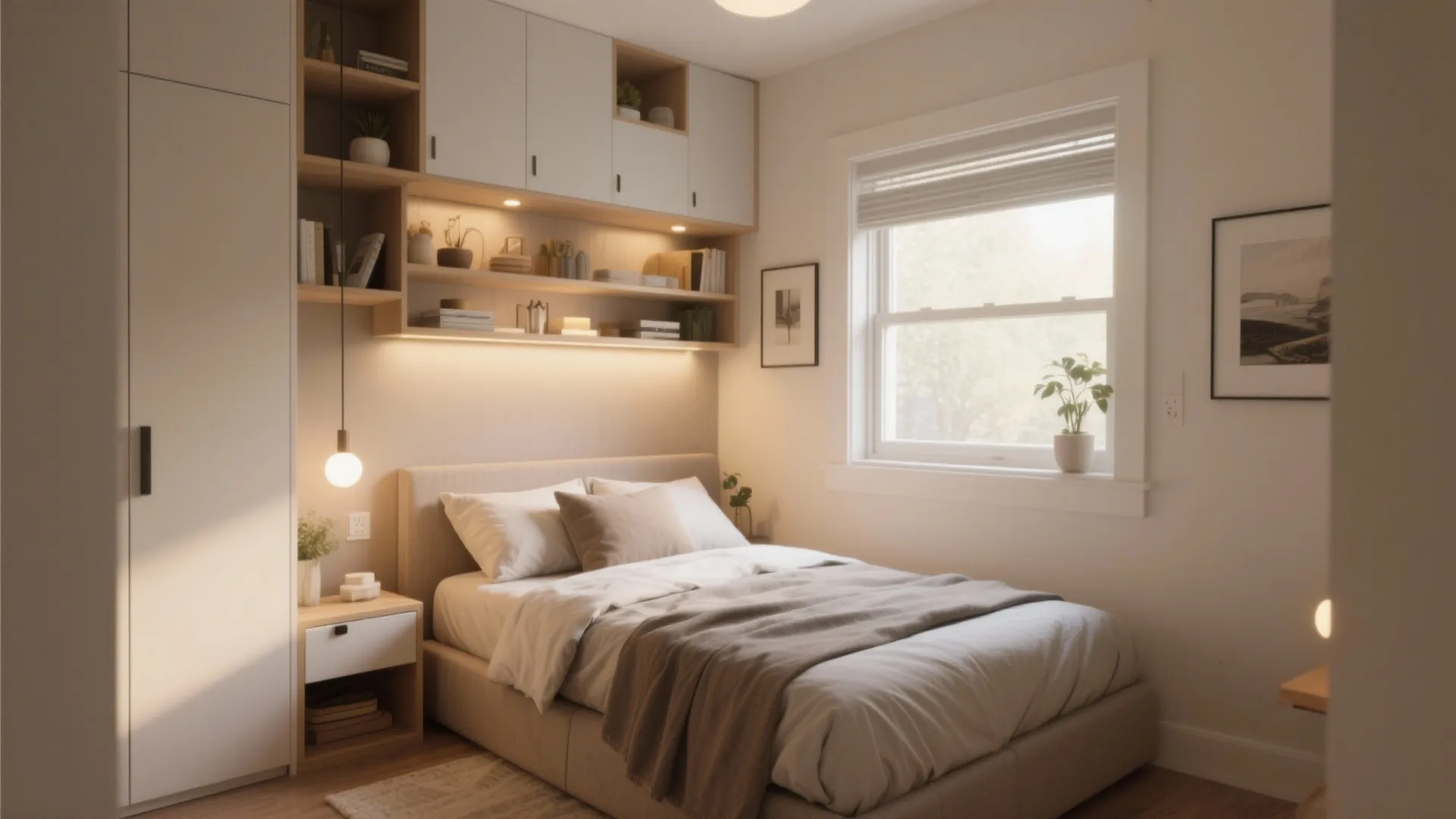 Small bedroom interior design with white bed wooden shelves built in cabinet and hanging light
