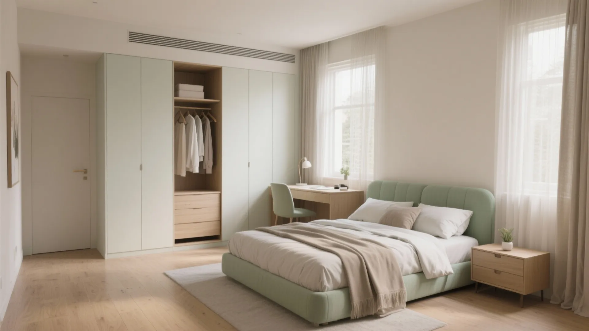 Modern green bedroom with wooden floor large cabinet small desk and natural light from window