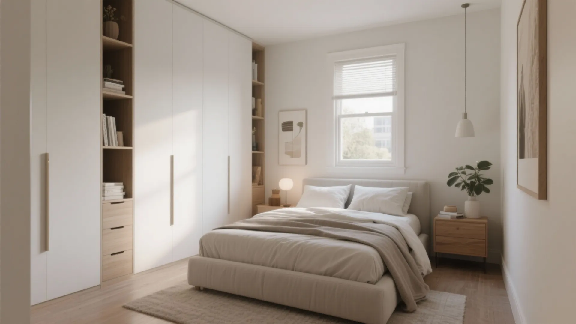 Modern small bedroom featuring large white wardrobe wood shelves cozy bed with beige bedding and window