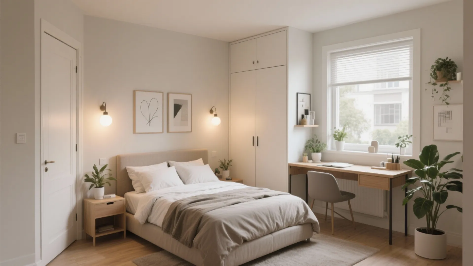 Bright small bedroom featuring beige bed, wooden desk, white cabinet, wall lights, and green plants