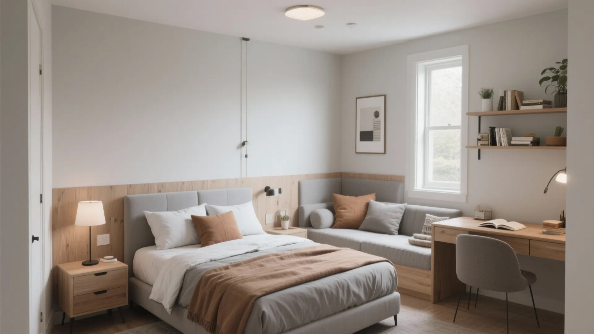 Small bedroom interior design featuring a grey bed sofa desk wall shelves and wood paneling