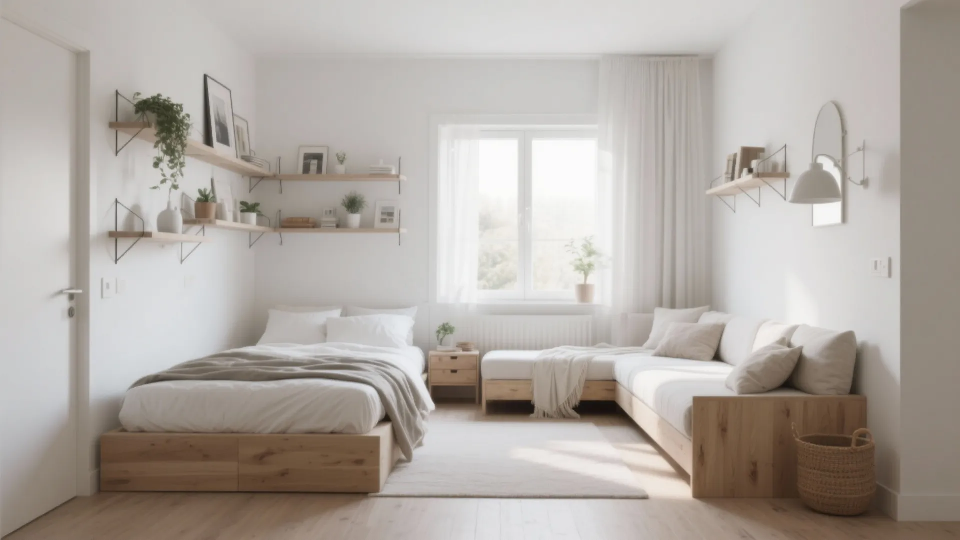 Small multi functional room featuring wooden bed frame white sofa corner shelves and bright window