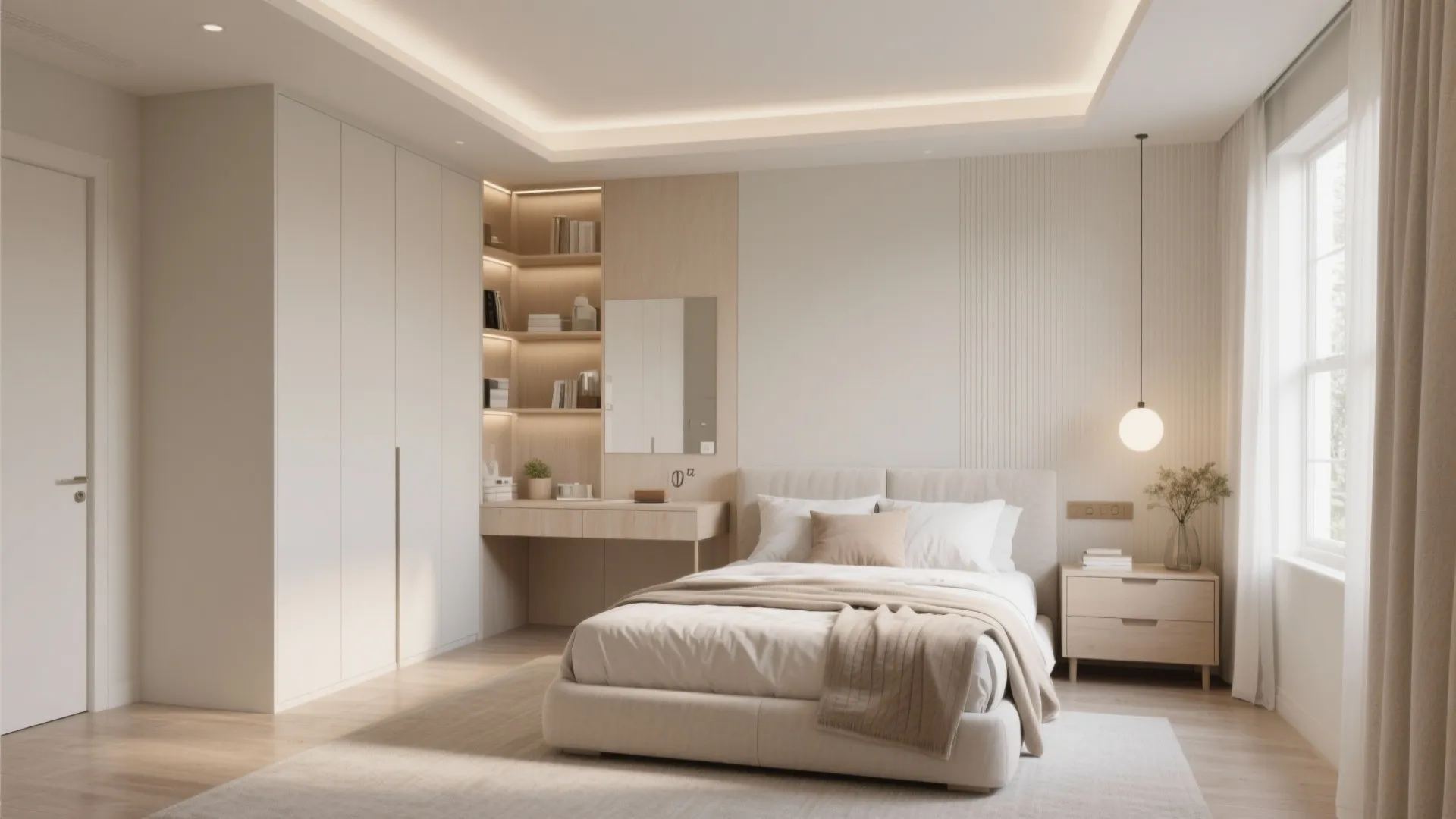 Bright minimalist bedroom featuring white wardrobe desk with mirror light wood furniture and soft lighting