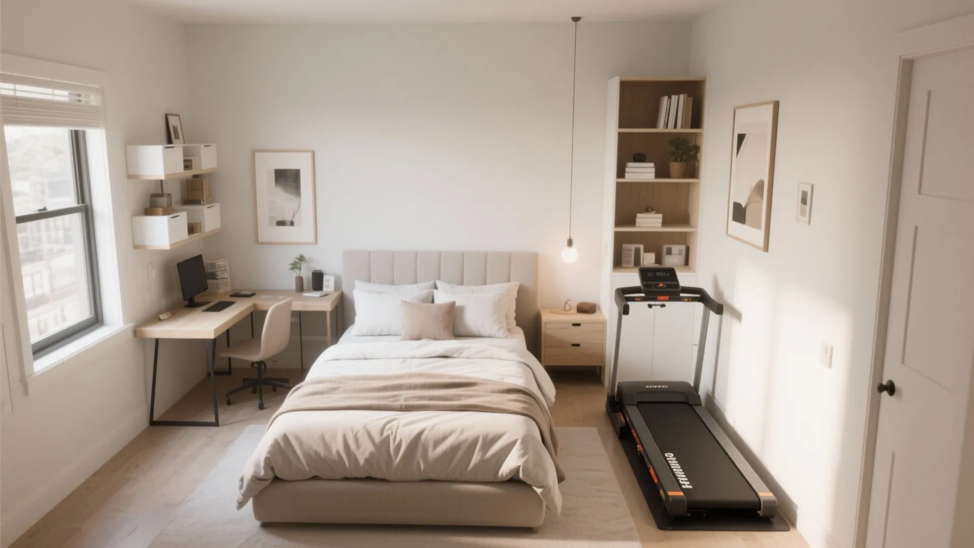 Small bedroom featuring a beige bed corner desk chair treadmill white bookshelf and bright window