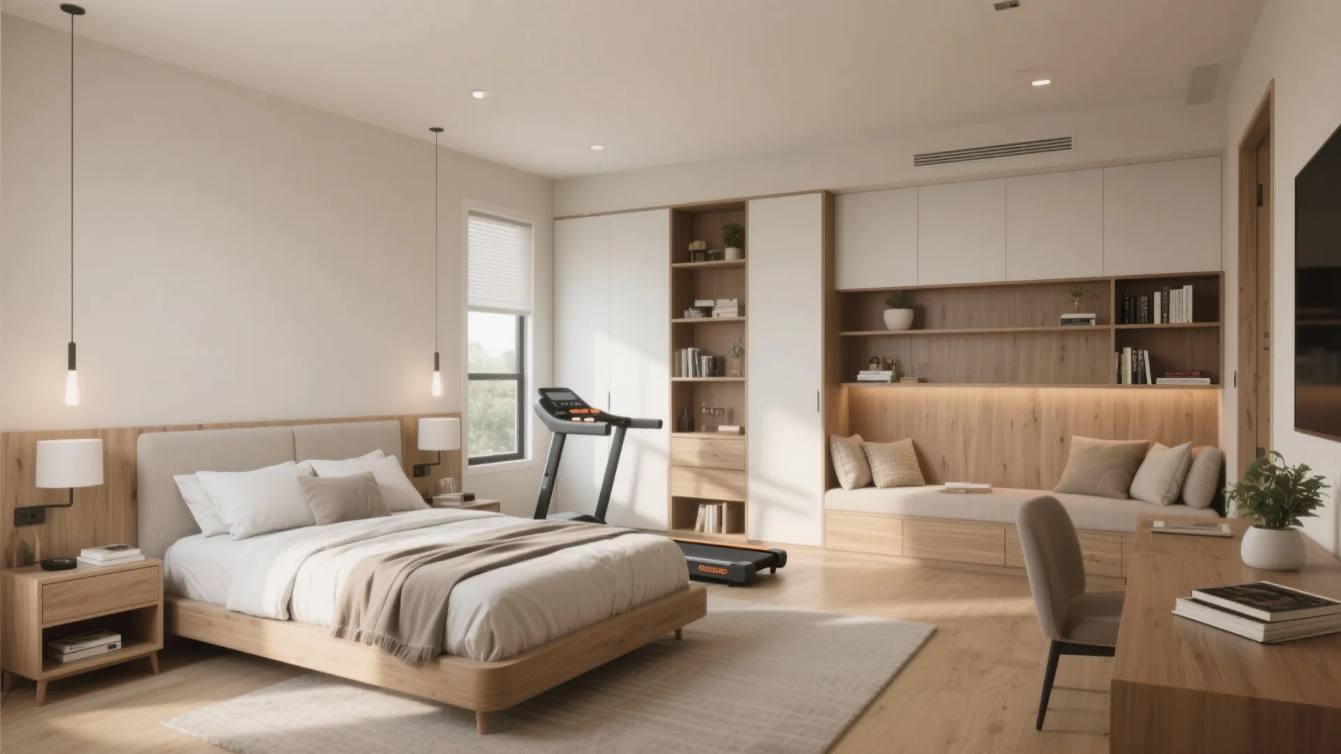 Large bedroom with bed treadmill work desk wall cabinets and window for a multi-functional space