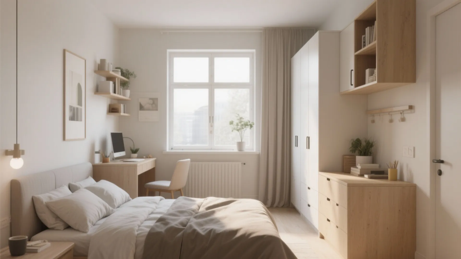 Small bedroom interior design with white cabinet wooden desk shelving and natural light from window