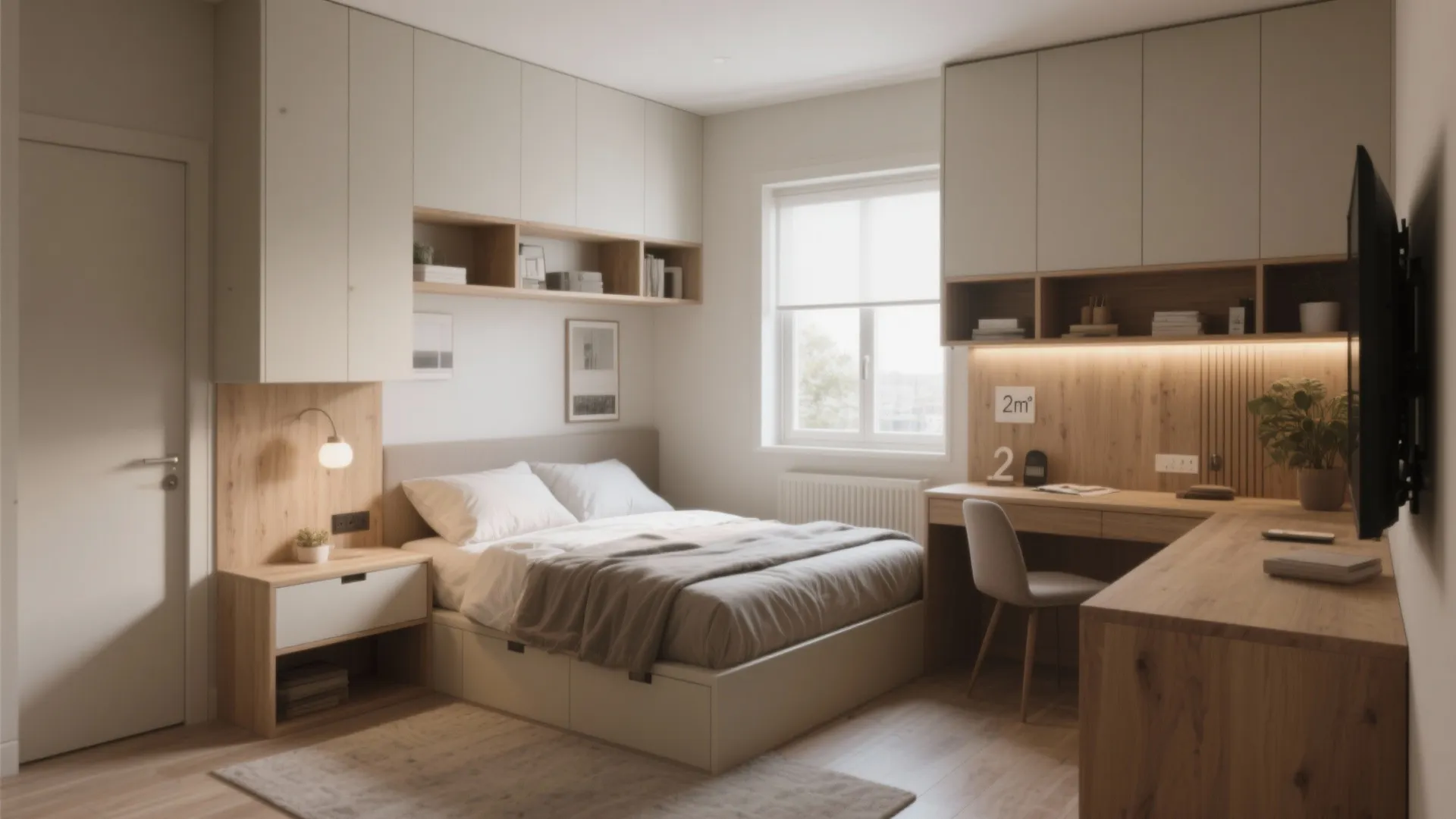 Modern small bedroom featuring light wood furniture, integrated storage cabinets, a desk, and natural window lighting