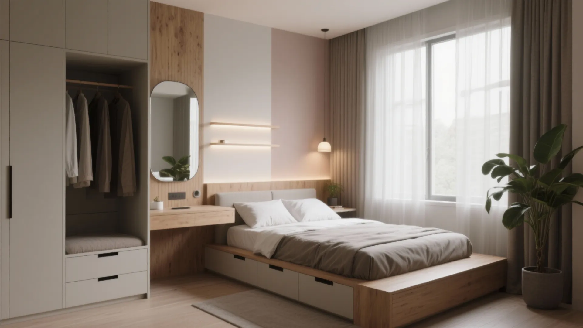Minimalist bedroom with wooden bed frame, storage drawers, open wardrobe, wall mirror, and natural window light